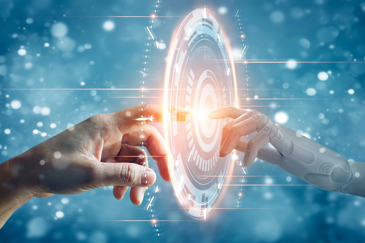 Hands of robot and human touching on big data network connection